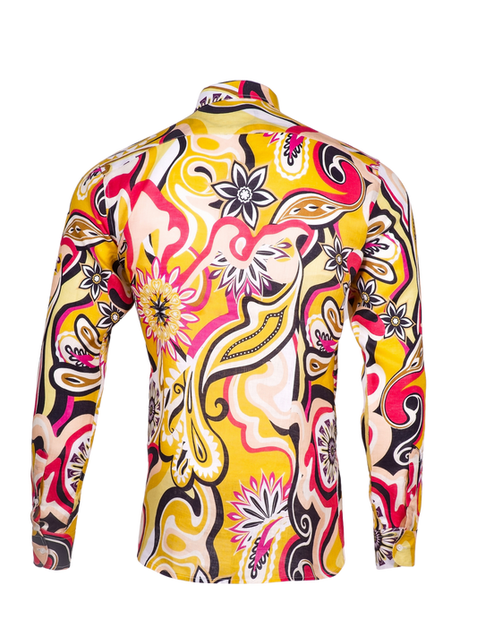 Printed Linen Shirt 70's Yellow