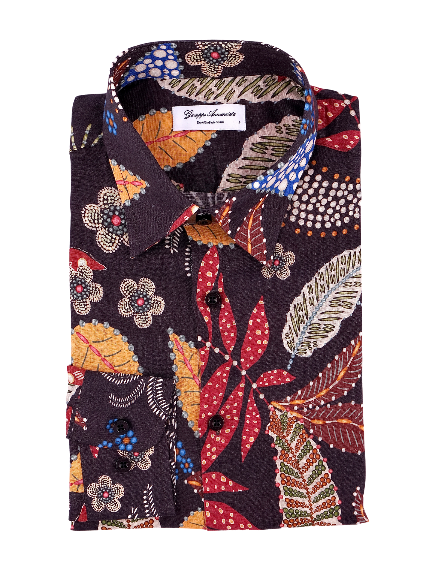 Printed Linen Shirt Abstract Leaves Black