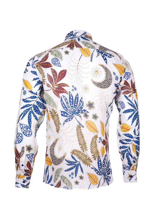 Printed Linen Shirt Abstract Leaves White