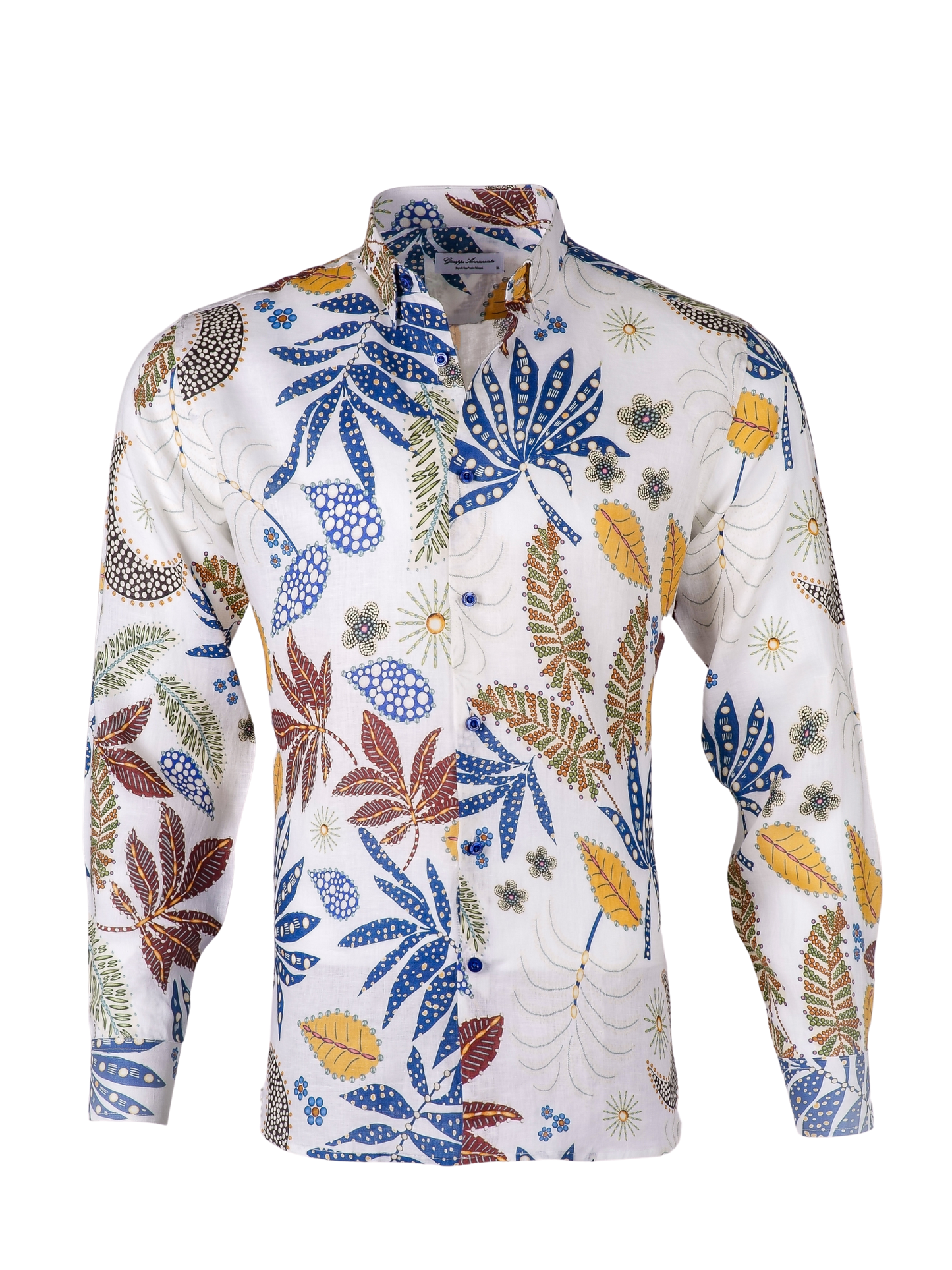 Printed Linen Shirt Abstract Leaves White