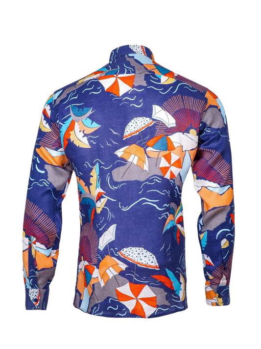 Printed Linen Shirt Beach Blue