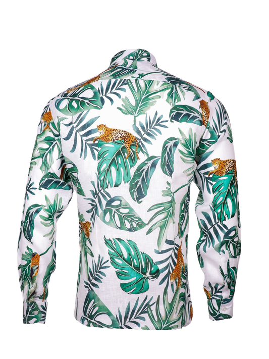 Printed Linen Shirt Big Leaves and Jaguar White