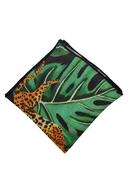 Big Leaves and Jaguar Black linen Pocket square