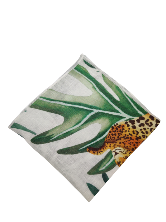 Big Leaves and Jaguar White Linen Pocket square