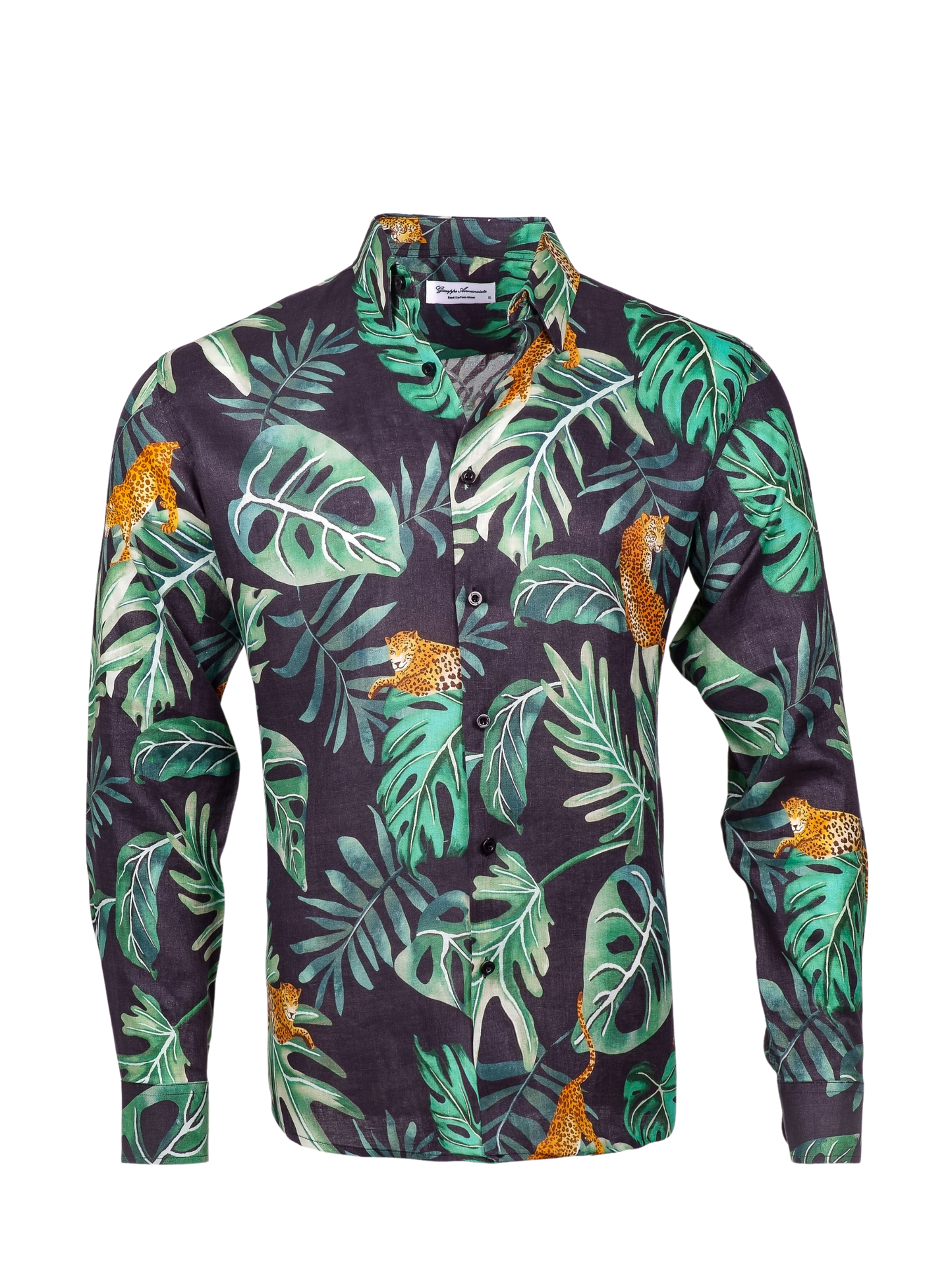 Printed Linen Shirt Big Leaves and Jaguar Black