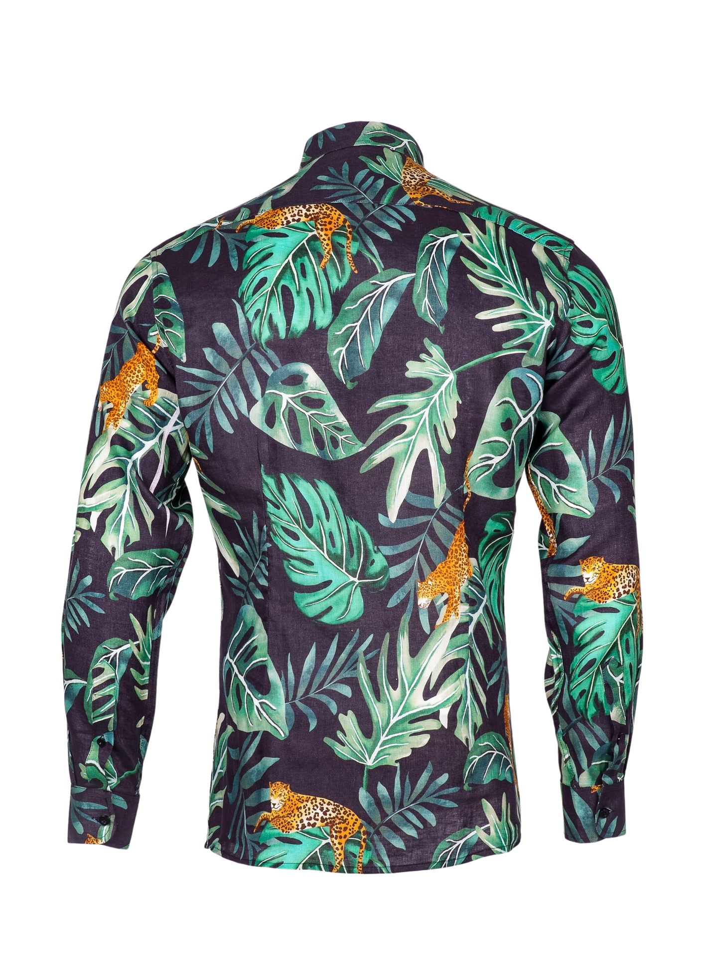Printed Linen Shirt Big Leaves and Jaguar Black