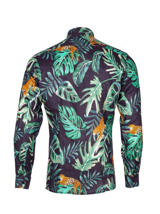Printed Linen Shirt Big Leaves and Jaguar Black