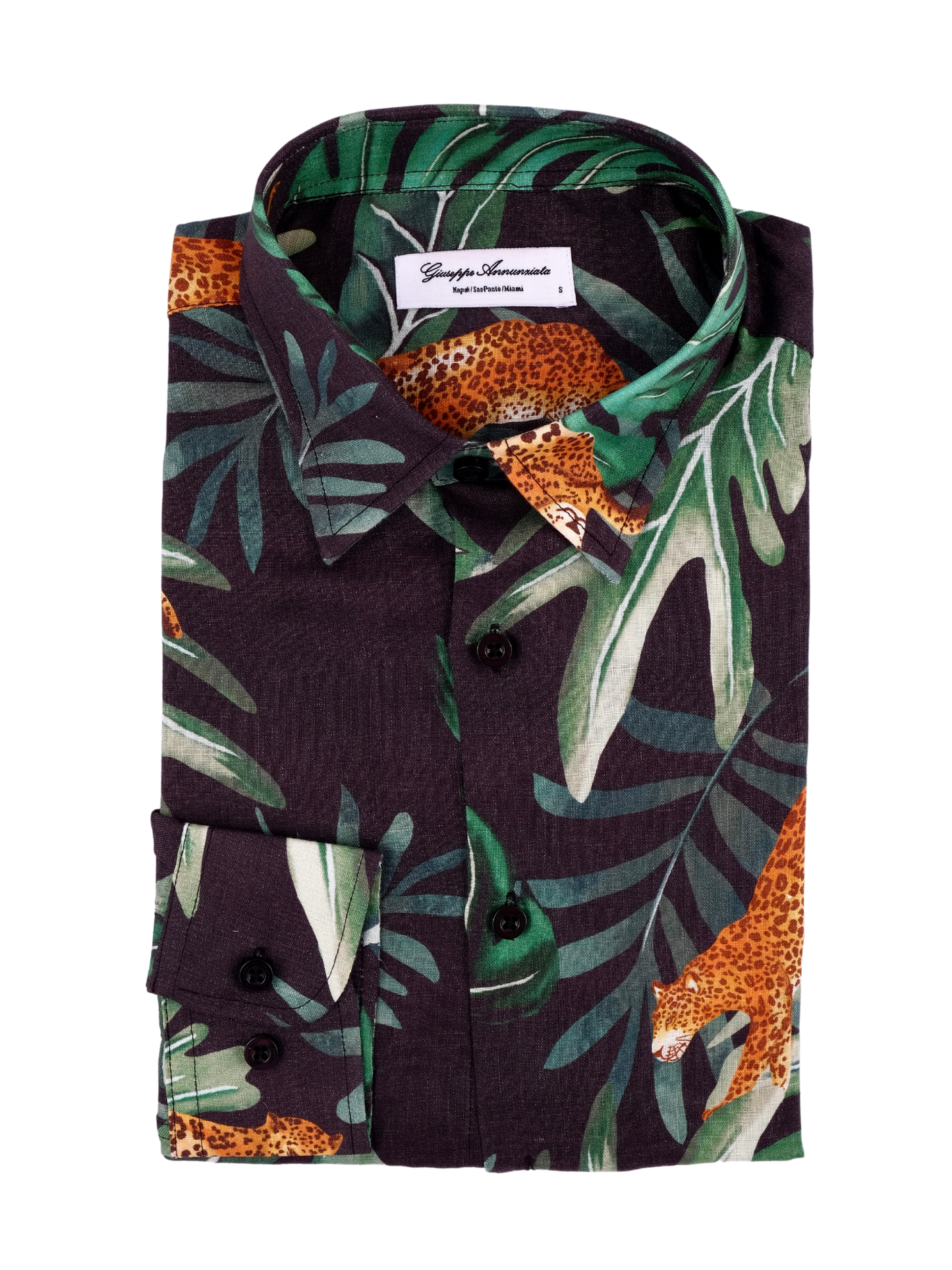 Printed Linen Shirt Big Leaves and Jaguar Black