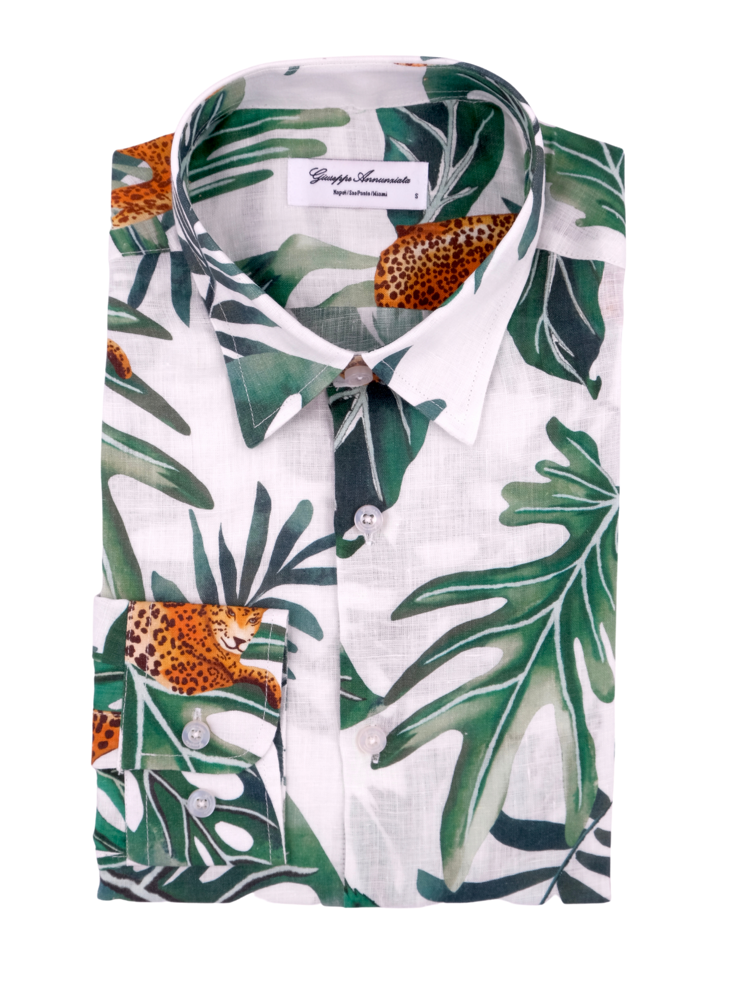 Printed Linen Shirt Big Leaves and Jaguar White