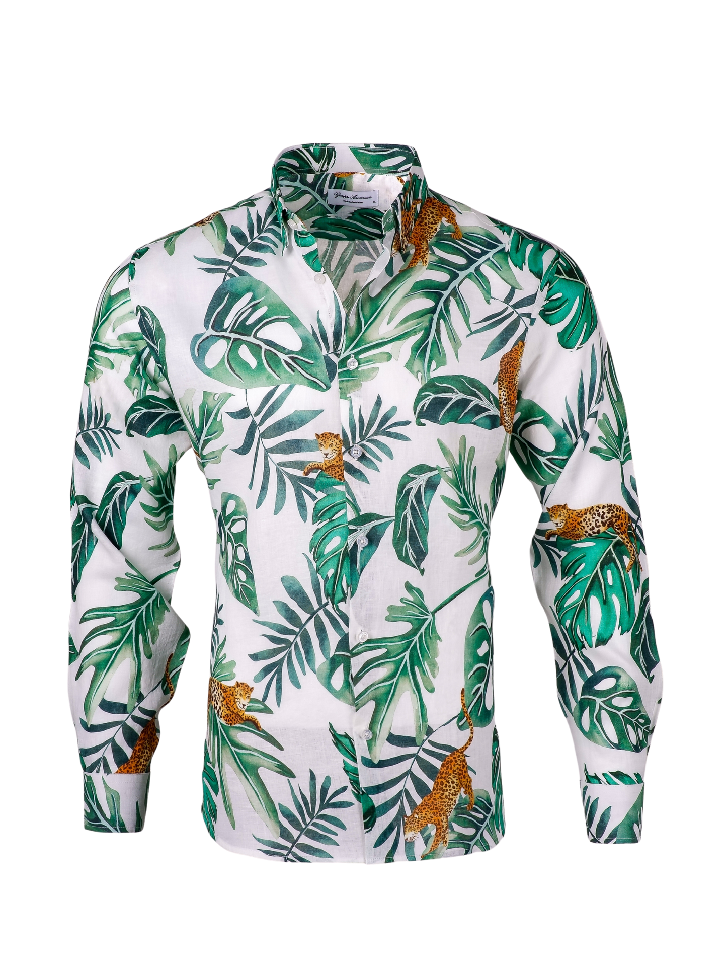 Printed Linen Shirt Big Leaves and Jaguar White