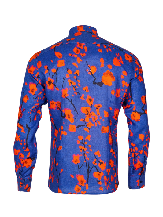 Printed Linen Shirt Cherry Blossom Blue Background