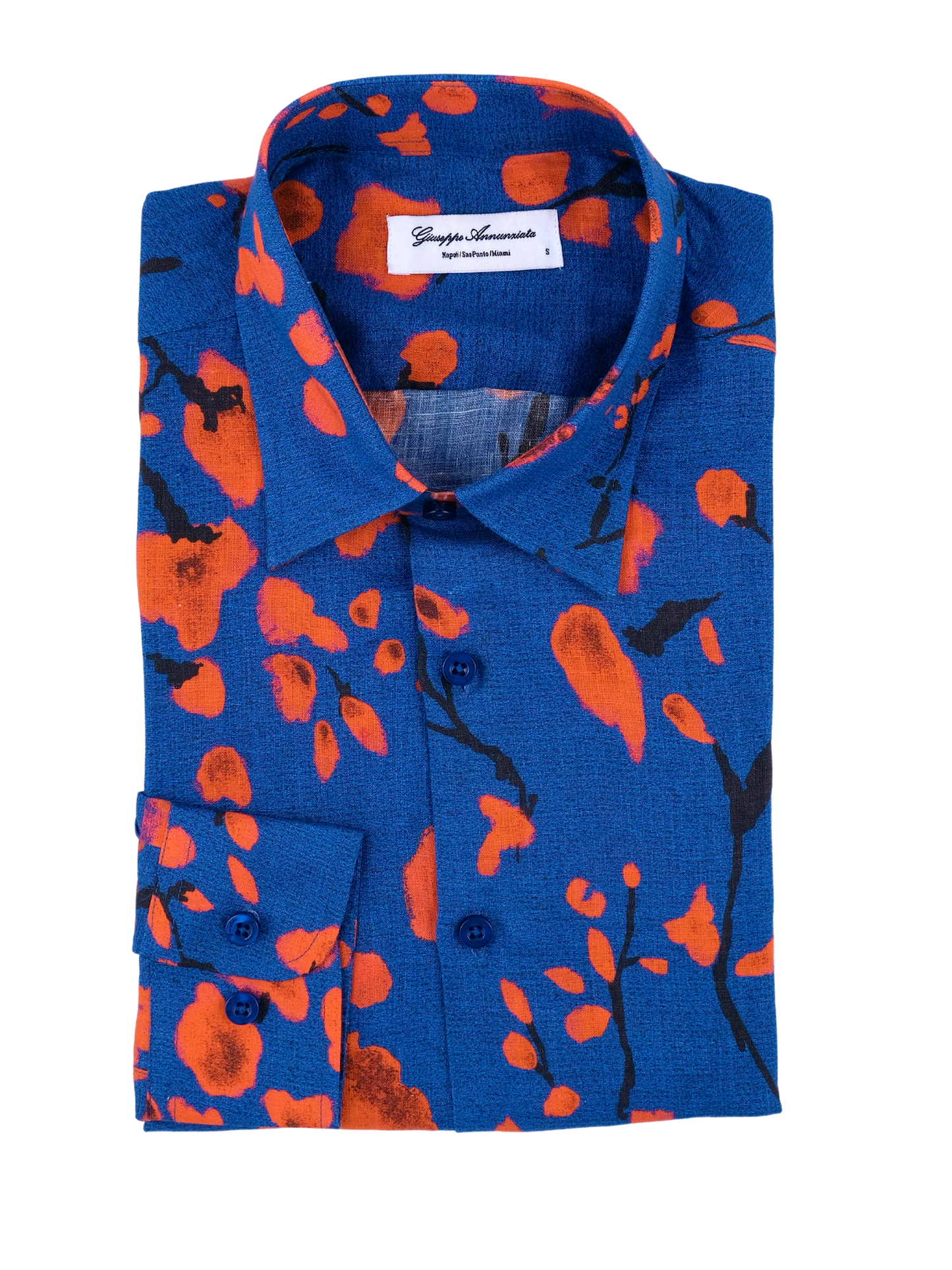 Printed Linen Shirt Cherry Blossom Blue Background