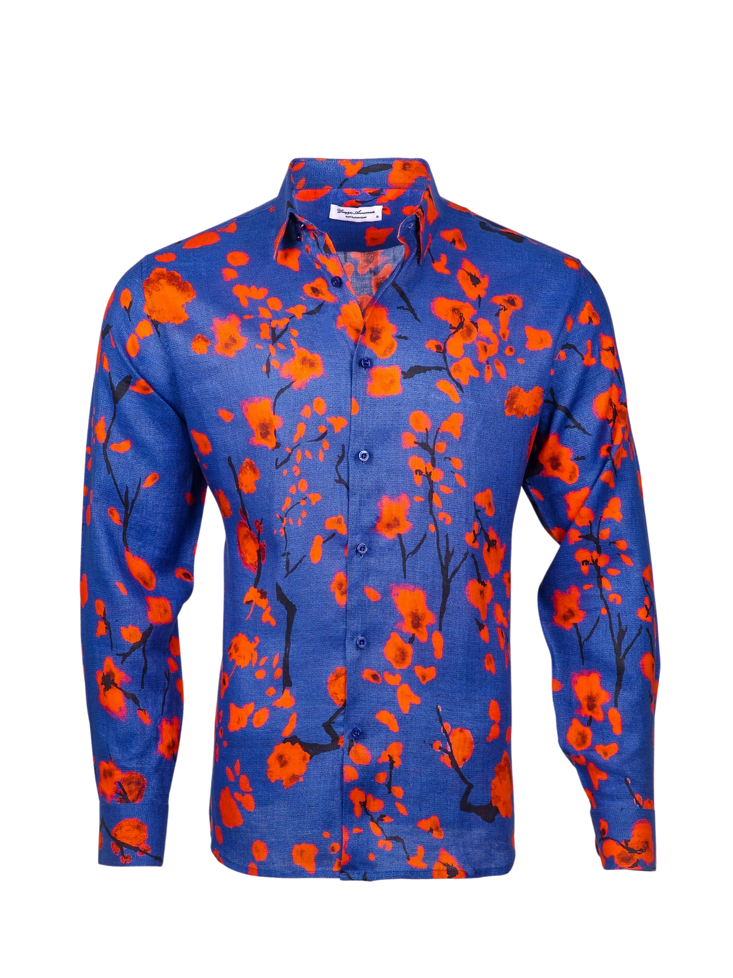 Printed Linen Shirt Cherry Blossom Blue Background