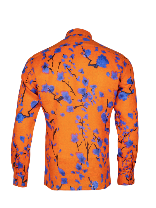 Printed Linen Shirt Cherry Blossom Orange Background