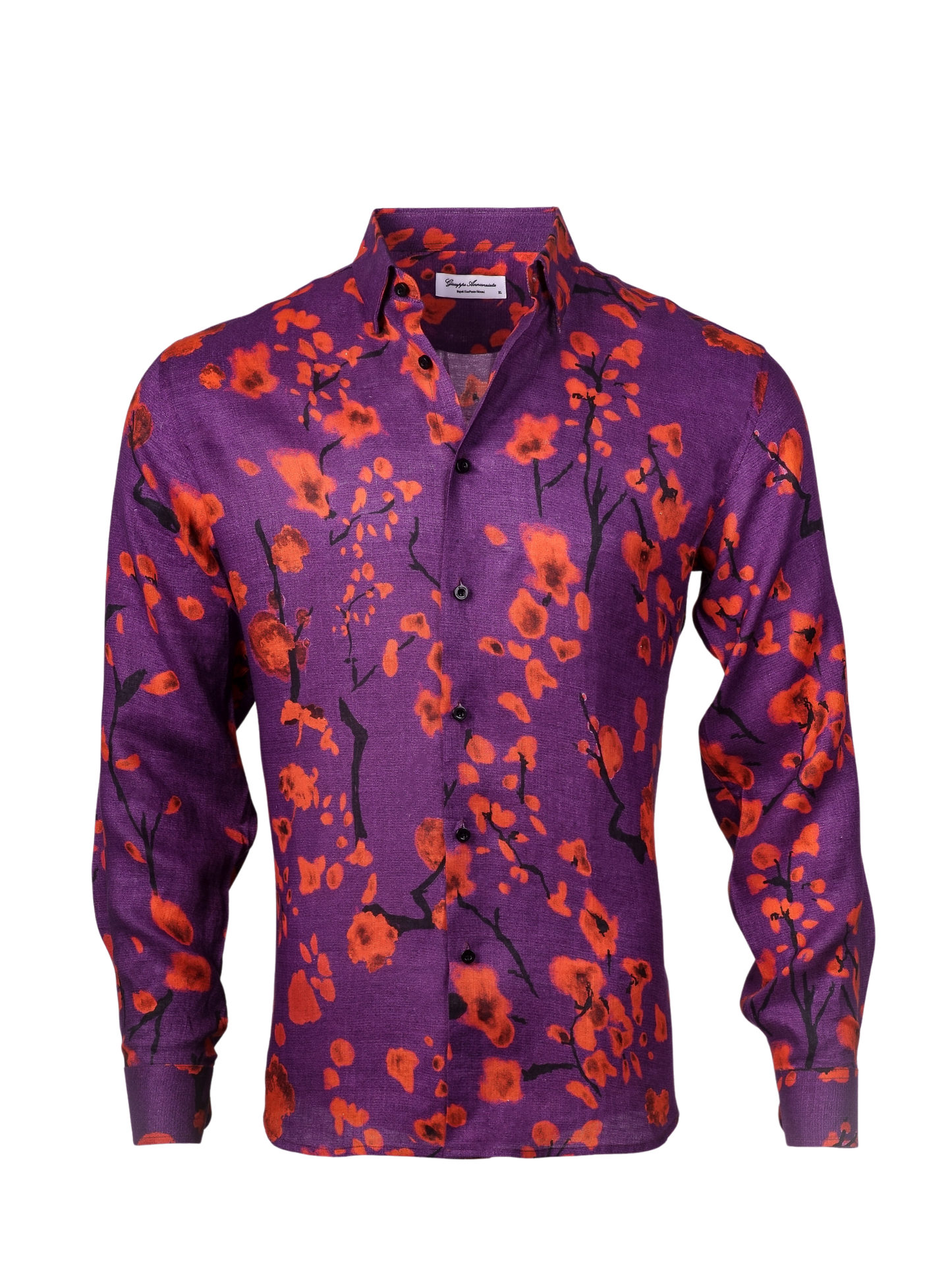 Printed Linen Shirt Cherry Blossom Purple Background