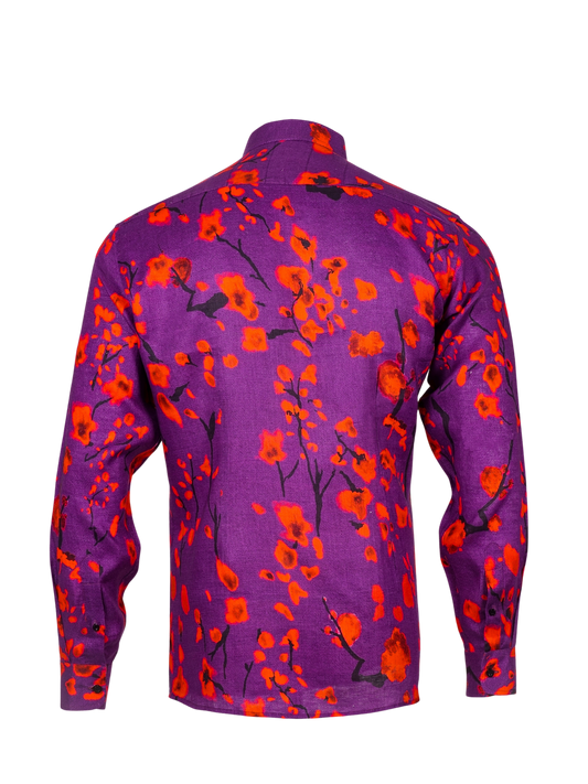 Printed Linen Shirt Cherry Blossom Purple Background