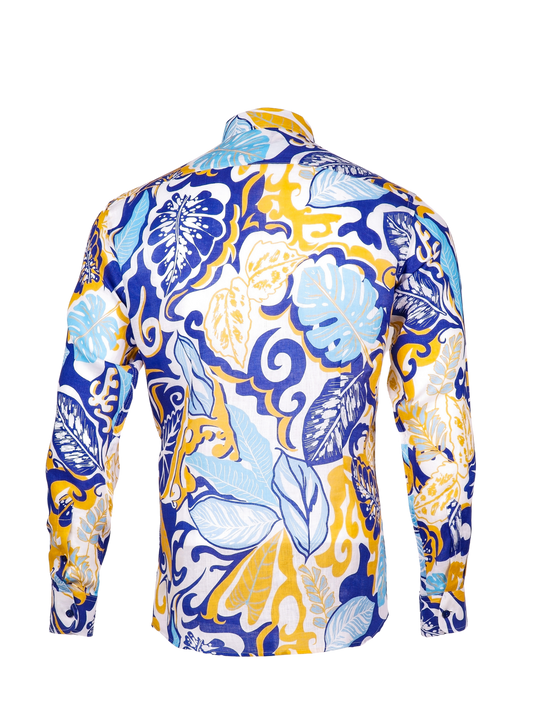 Printed Linen Shirt Flower Power Blue