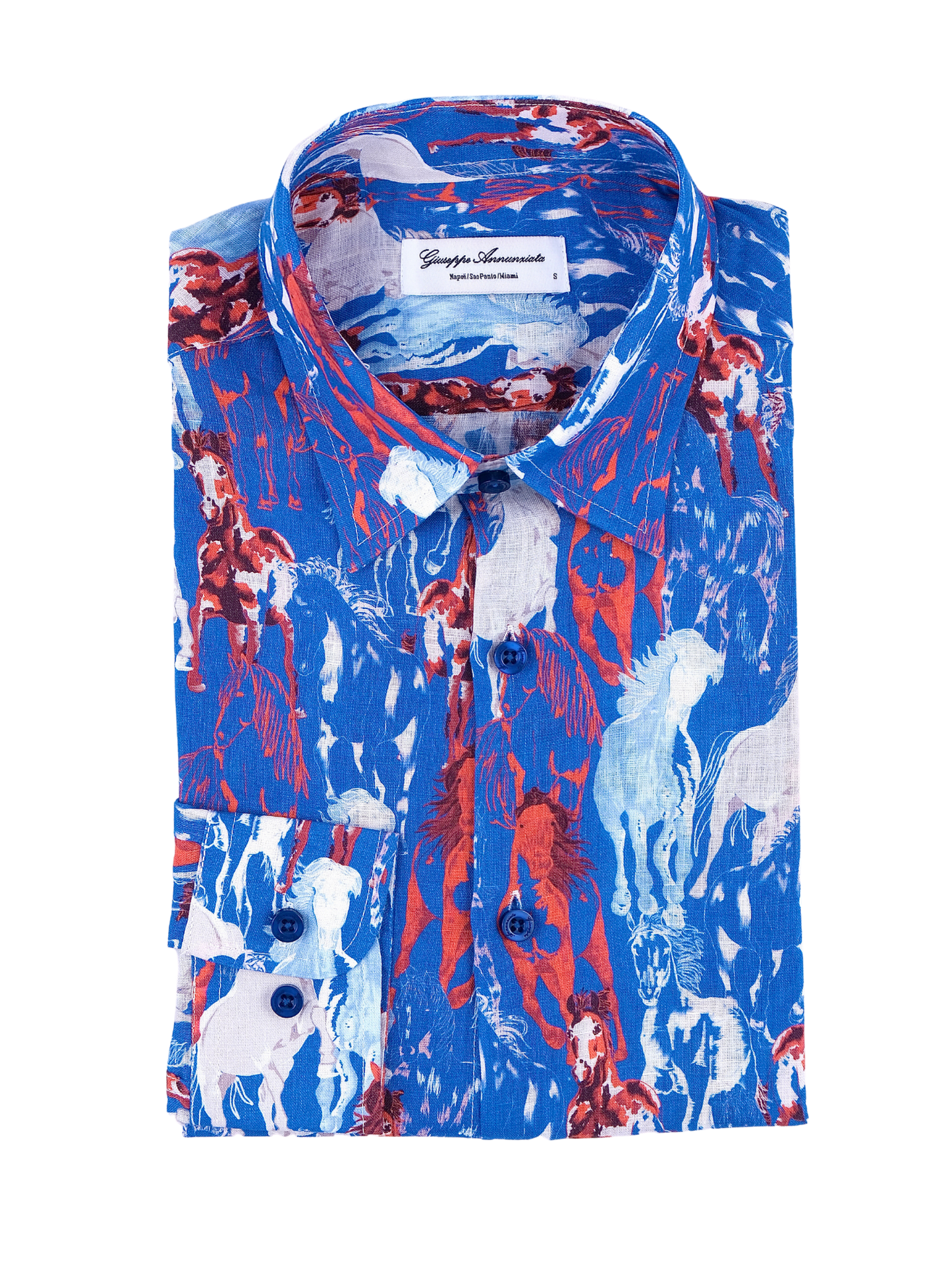 Printed Linen Shirt Horses Blue