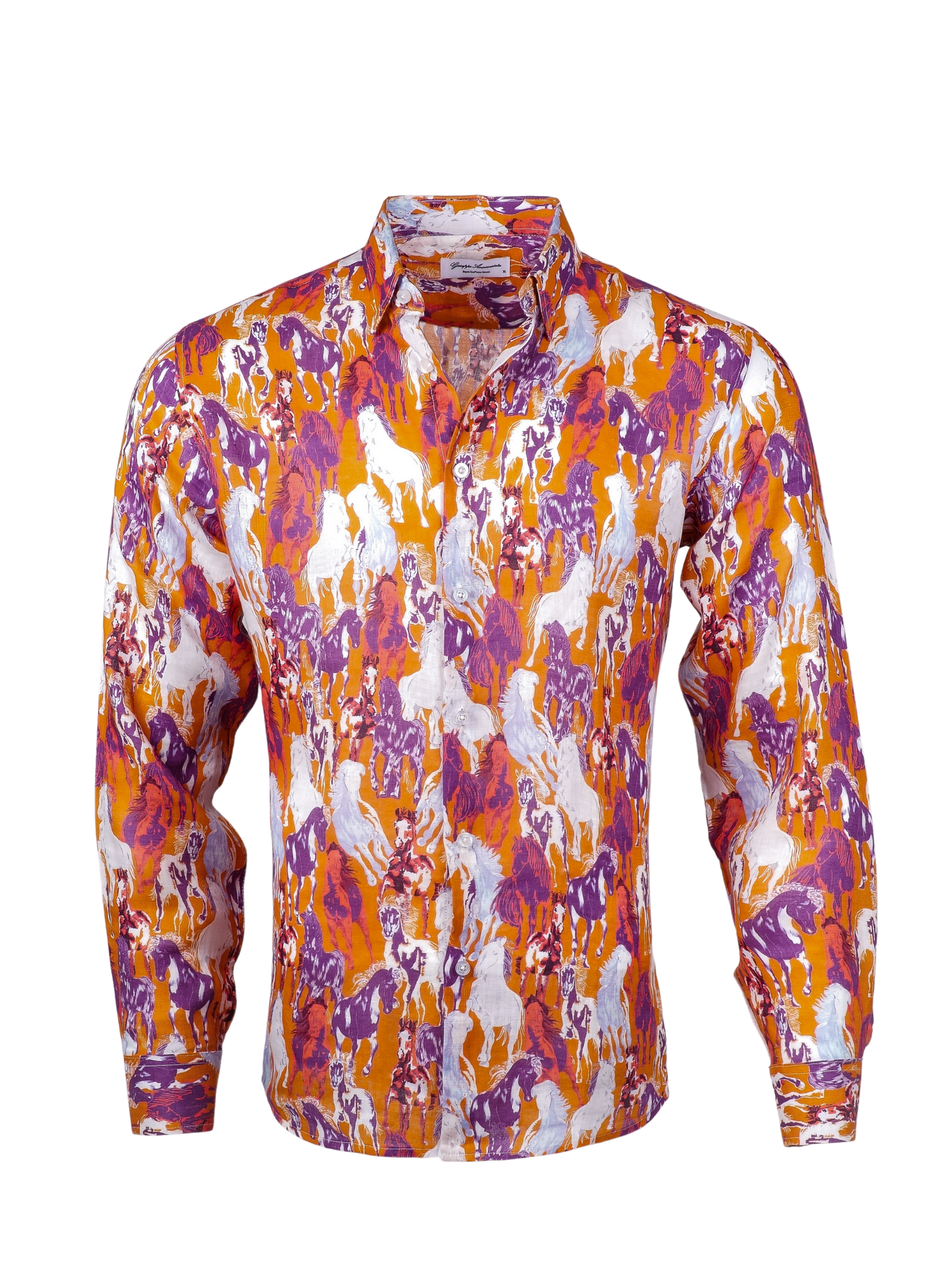 Printed Linen Shirt Horses Orange