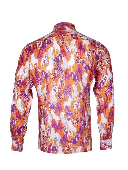 Printed Linen Shirt Horses Orange