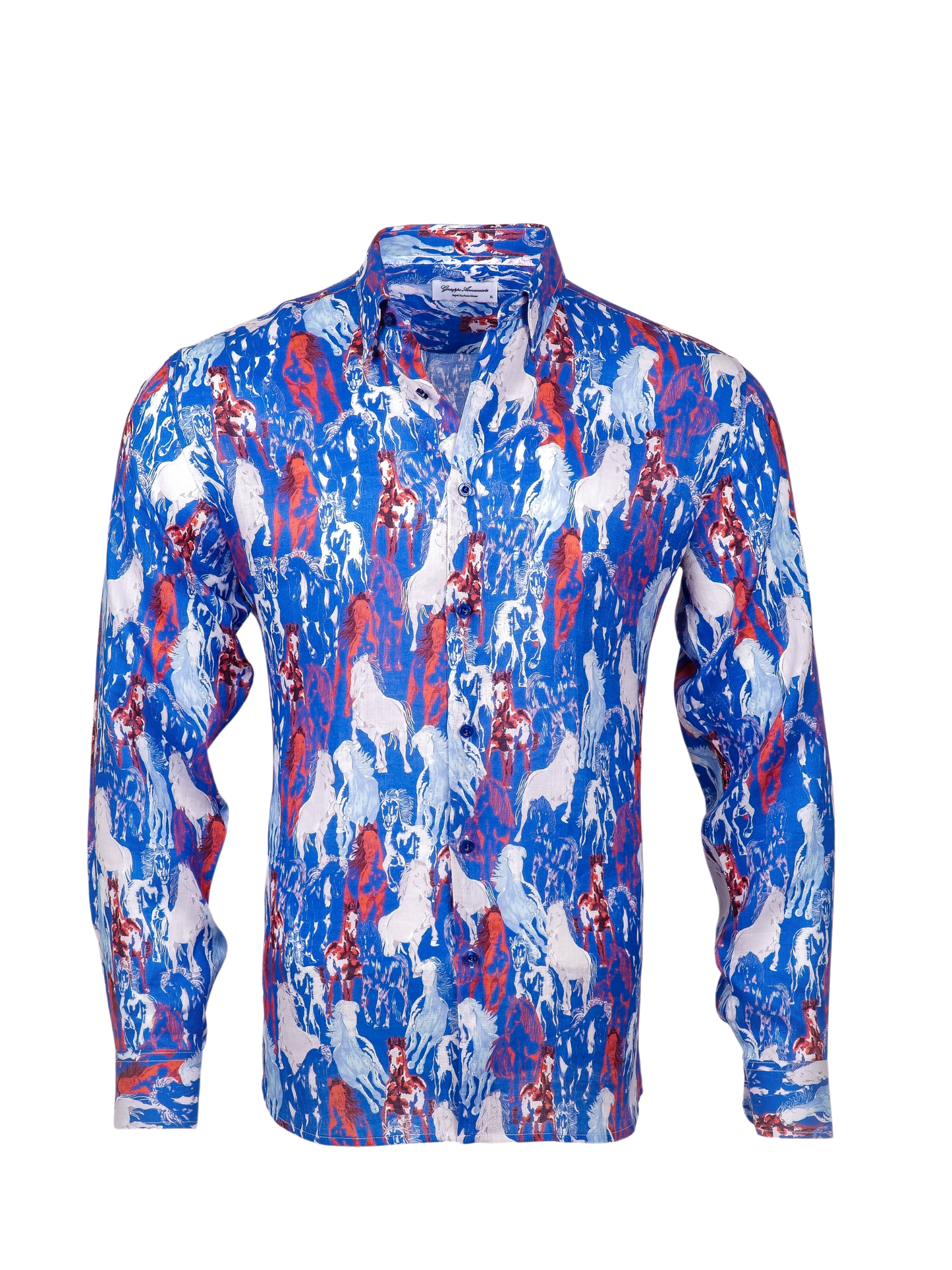 Printed Linen Shirt Horses Blue