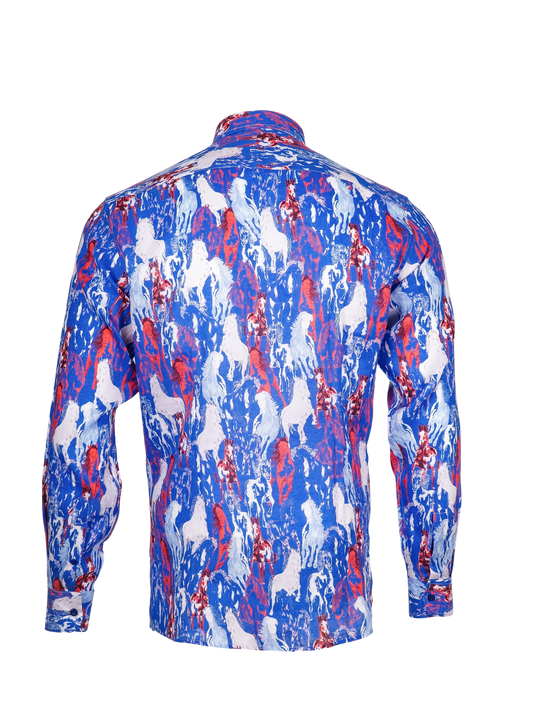 Printed Linen Shirt Horses Blue