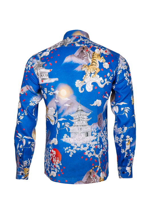 Printed Linen Shirt Japan Tiger Blue