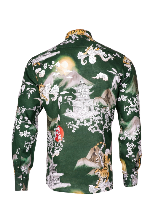 Printed Linen Shirt Japan Tiger Green