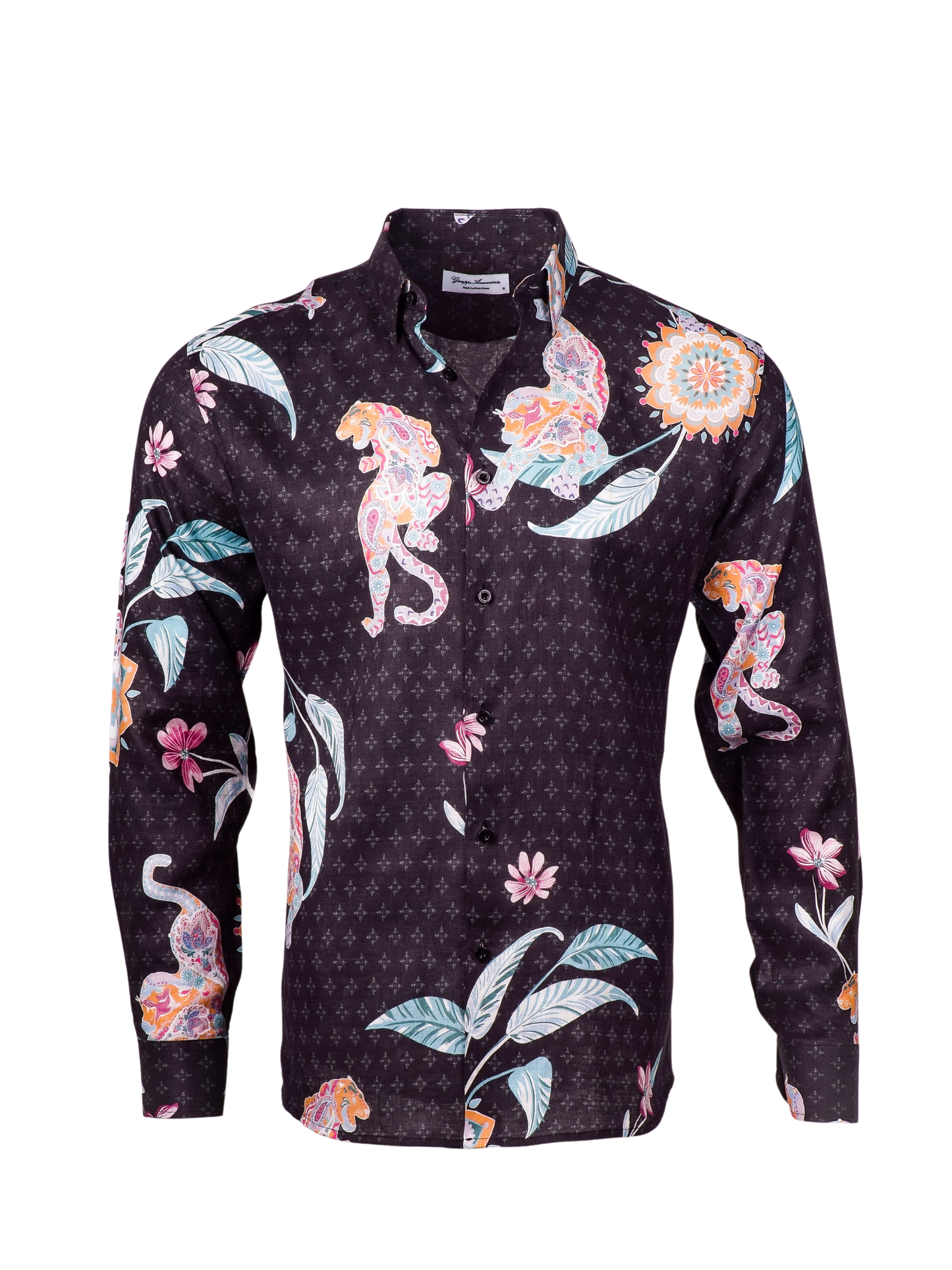 Printed Linen Shirt Mandala Tiger Black