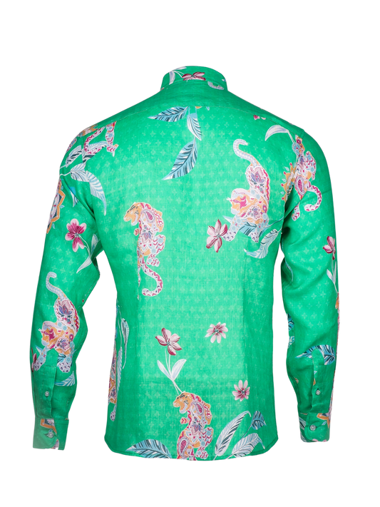 Printed Linen Shirt Mandala Tiger Green