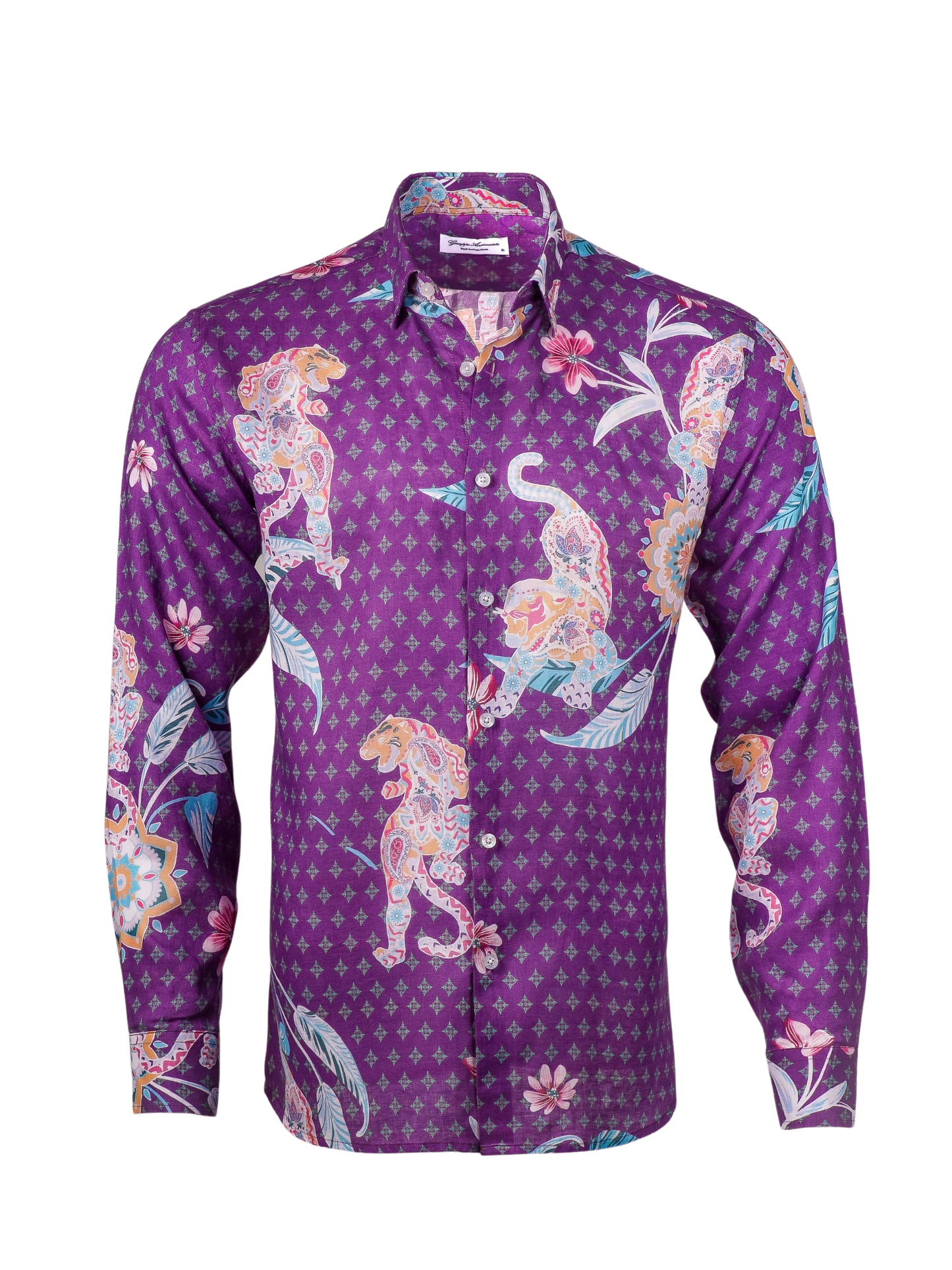 Printed Linen Shirt Mandala Tiger Purple