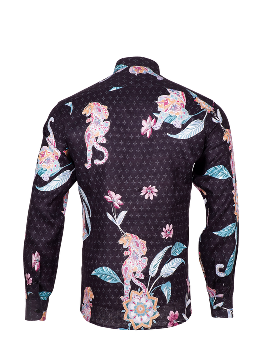 Printed Linen Shirt Mandala Tiger Black