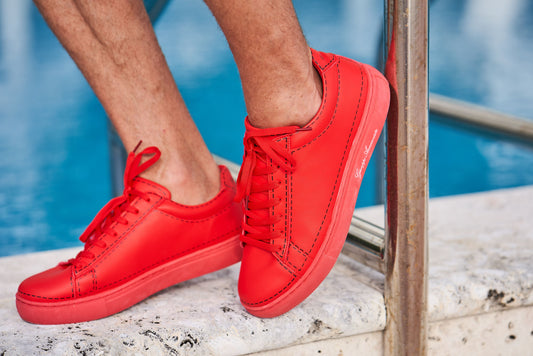 Leather Stitches Sneaker  Red and Black