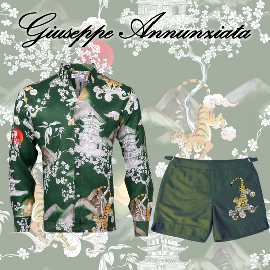 Japan Tiger Embroidered Swim Suit Dark Green