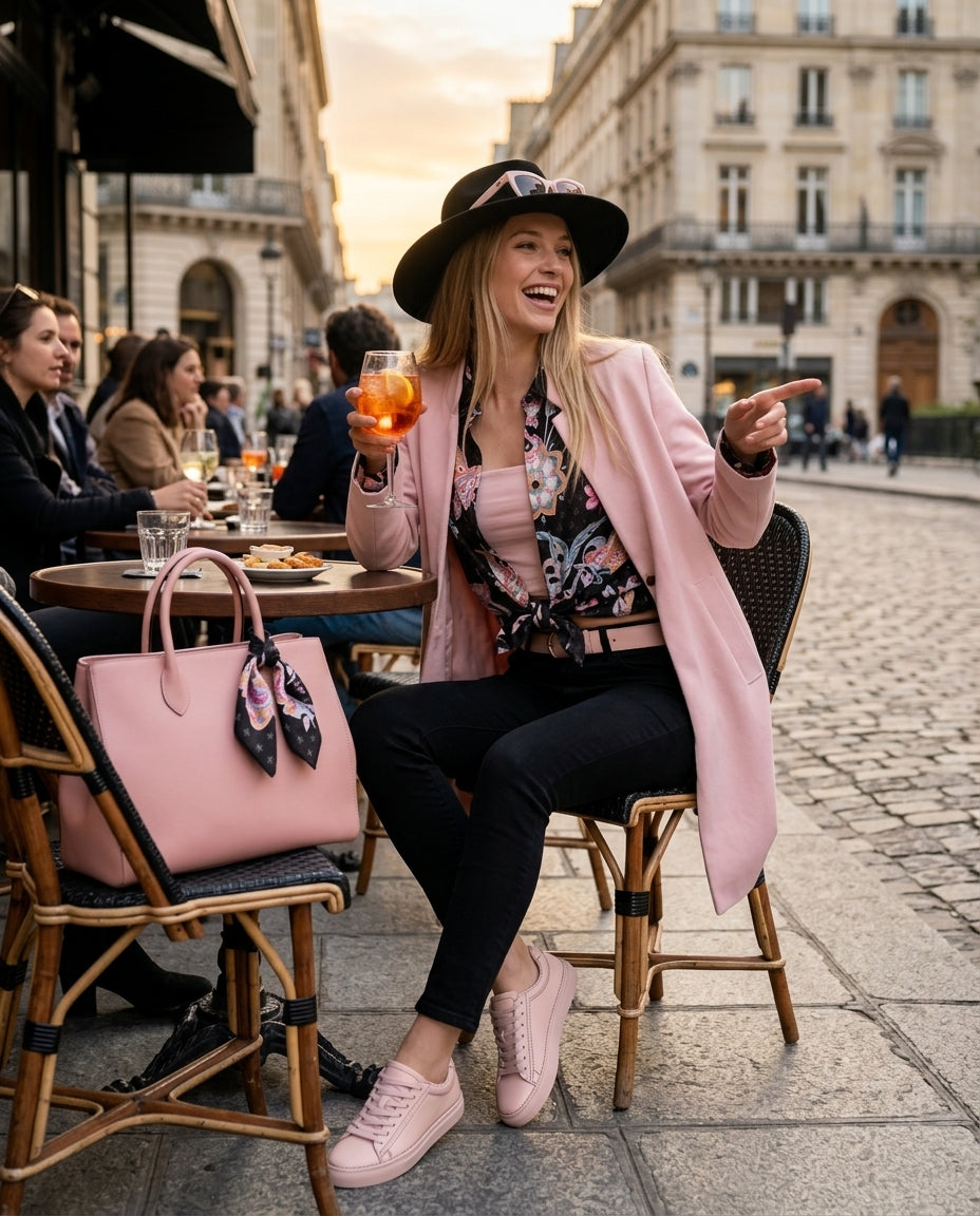 Leather Stitches Sneaker  Pale Pink and  Black