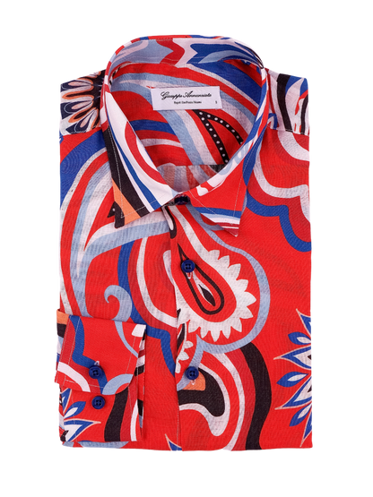 70 s Red Printed Linen Shirt by Giuseppe Annunziata S