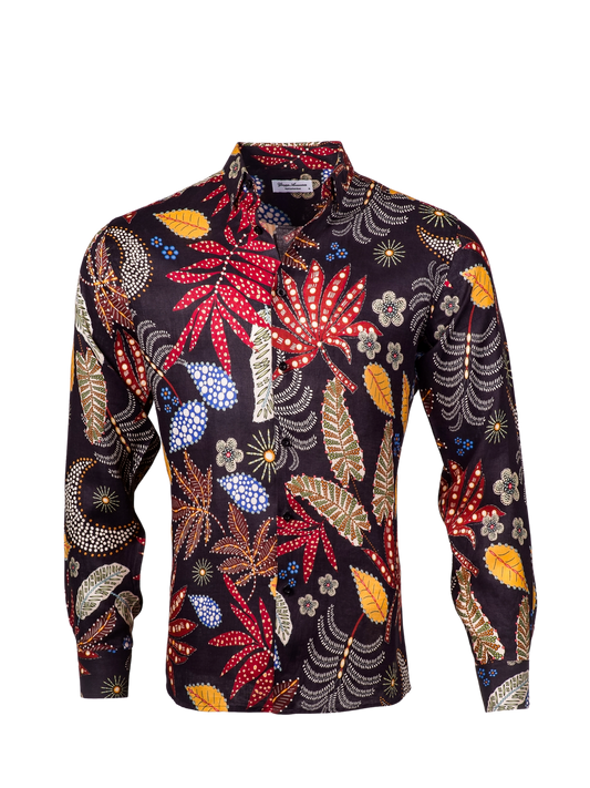 Printed Linen Shirt Abstract Leaves Black