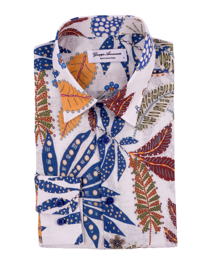 Printed Linen Shirt Abstract Leaves White