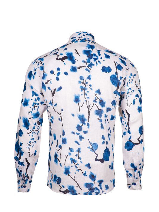 Printed Linen Shirt Cherry Blossom Blue