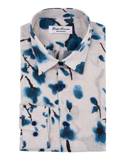 Printed Linen Shirt Cherry Blossom Blue