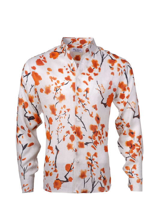 Printed Linen Shirt Cherry Blossom Orange