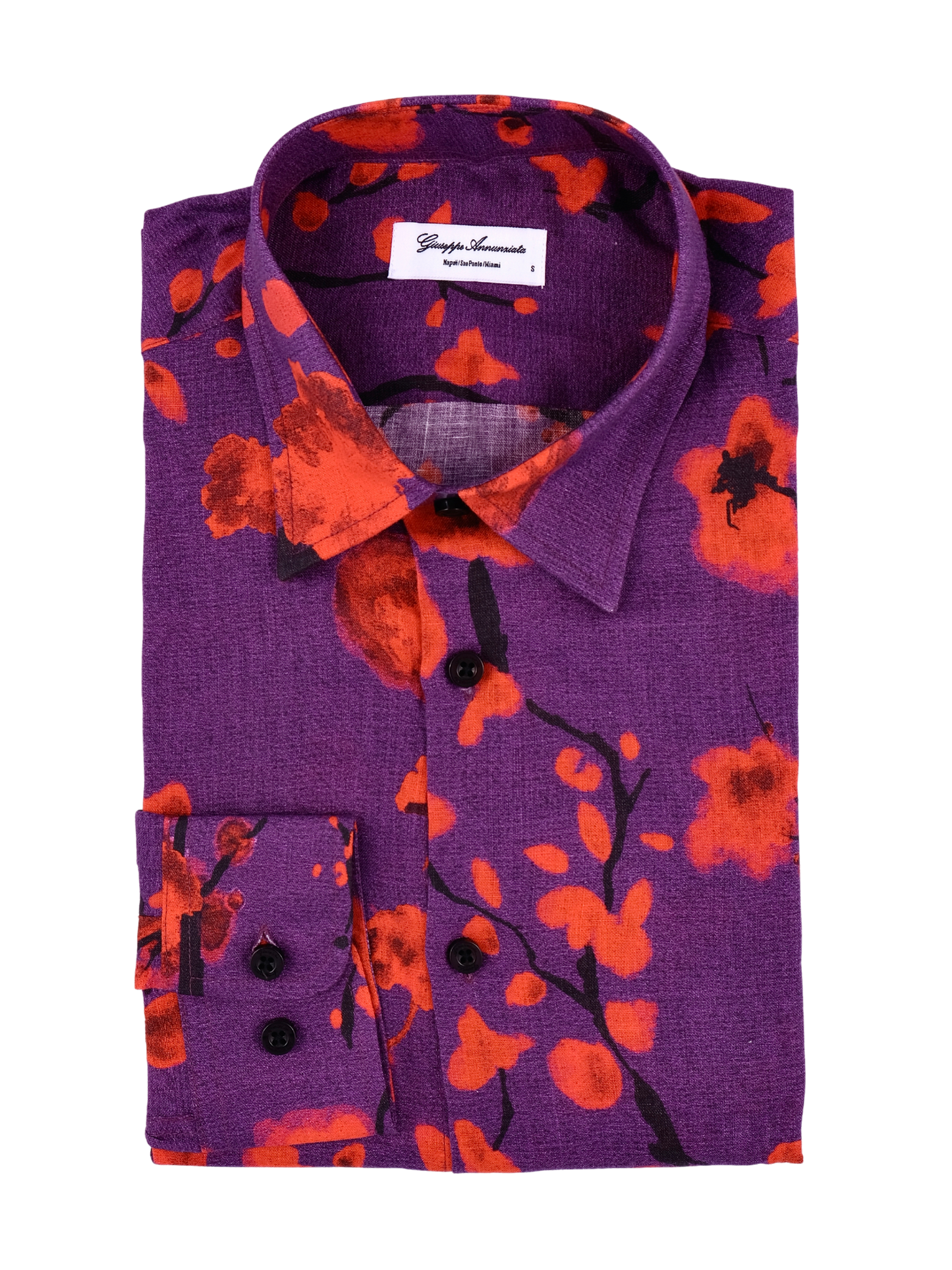 Printed Linen Shirt Cherry Blossom Purple Background