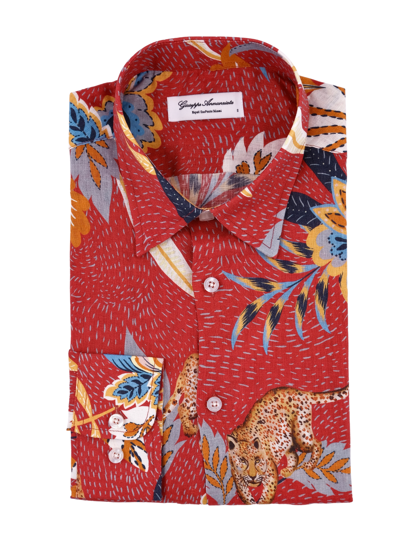 Printed Linen Shirt Dotted Forest and Jaguar Red