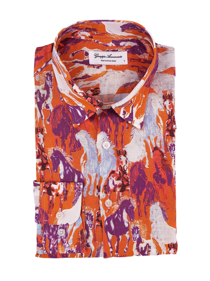 Printed Linen Shirt Horses Orange