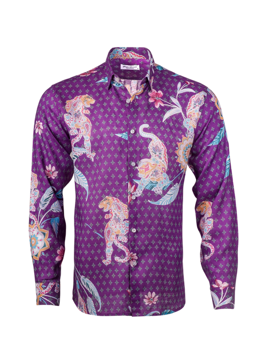 Printed Linen Shirt Mandala Tiger Purple