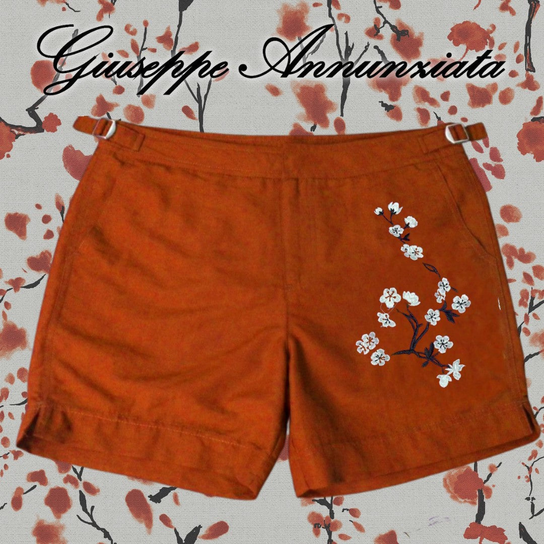 Cherry Blossom Embroidered Swim Suit Dark Orange