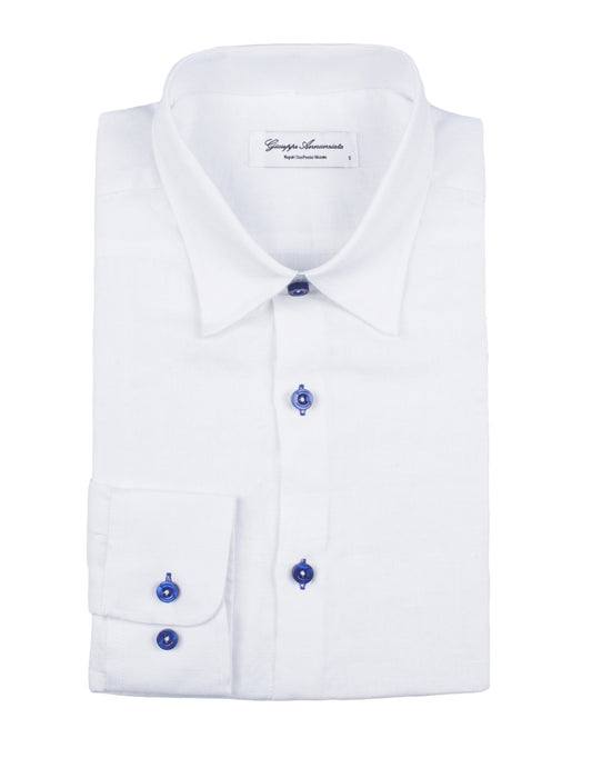 White solid Color Pure linen shirt blue butons - Giuseppe Annunziata
